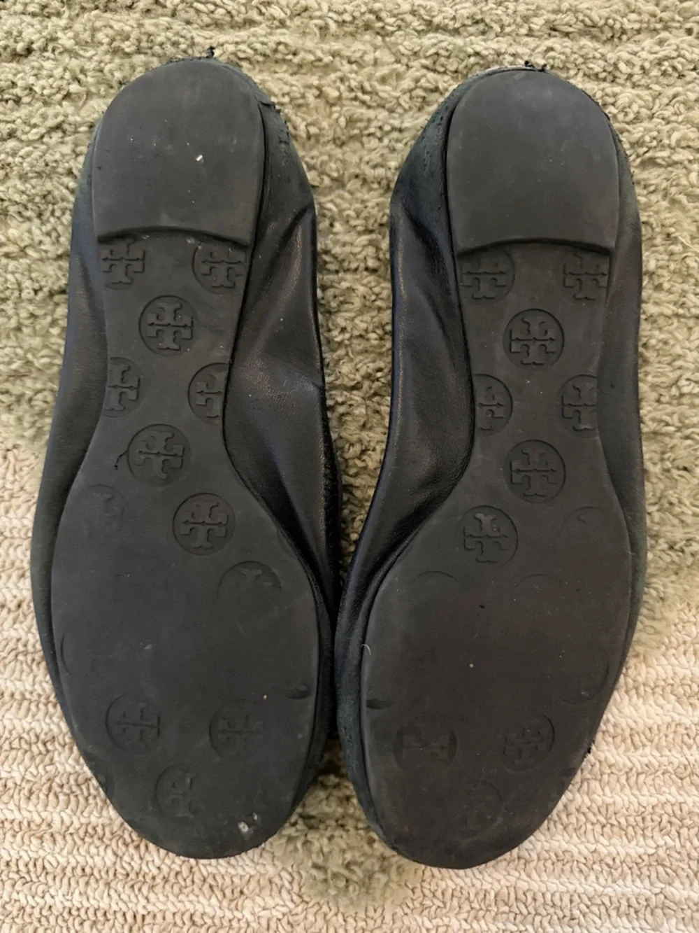 Tory Burch Black Leather Logo Ballet Flats with Silver Medallion